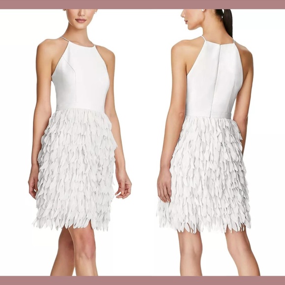NWT $195 Aidan by Aidan Mattox [ 8 ] Feather-Trim Sheath‎ Dress in Ivory White - Picture 1 of 13